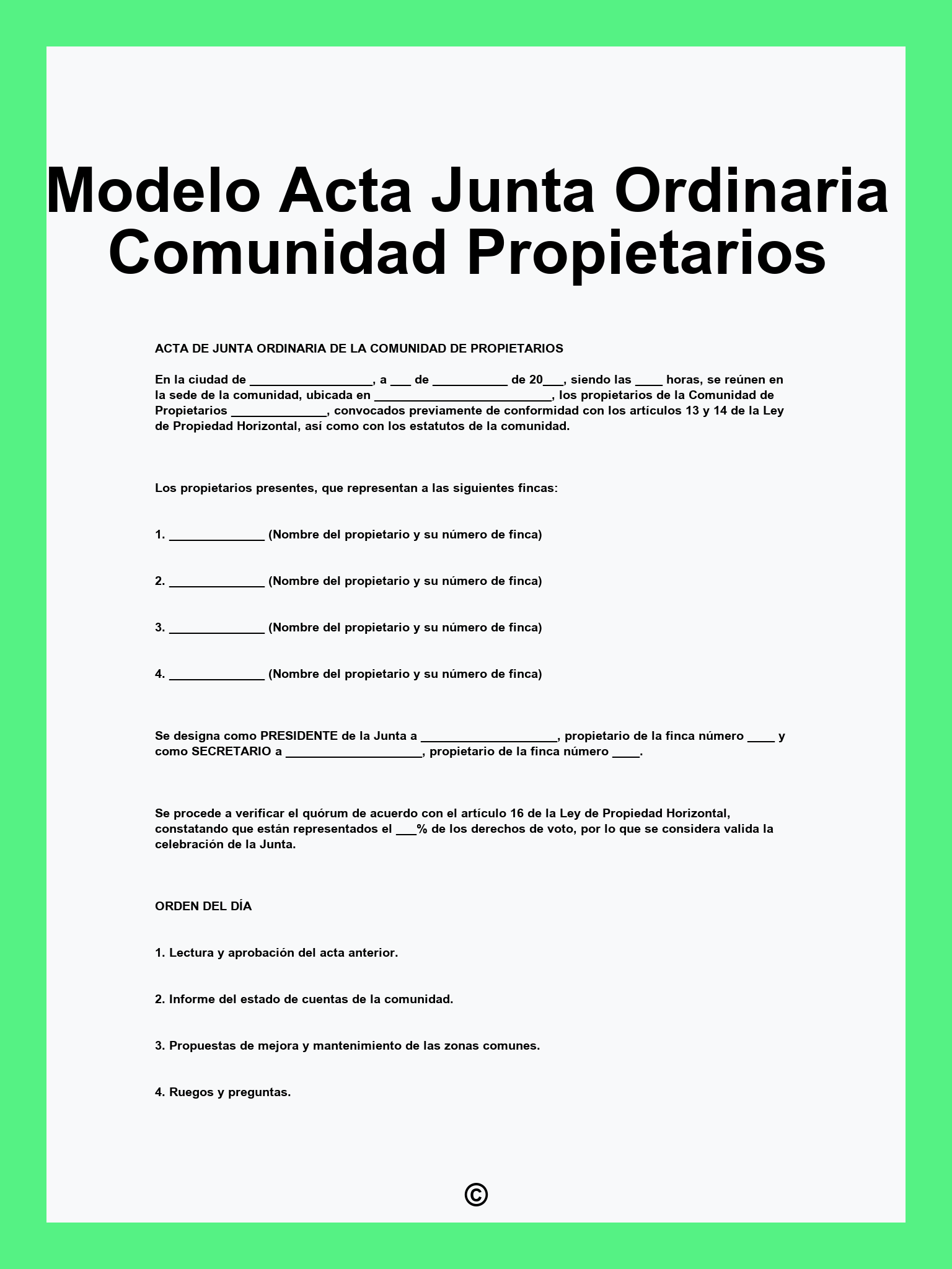 Modelo Acta Junta Ordinaria Comunidad Propietarios